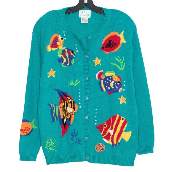 Vintage Quacker Factory Cardigan Fish Novelty Oversized Tropical Quirky Medium - Picture 1 of 13